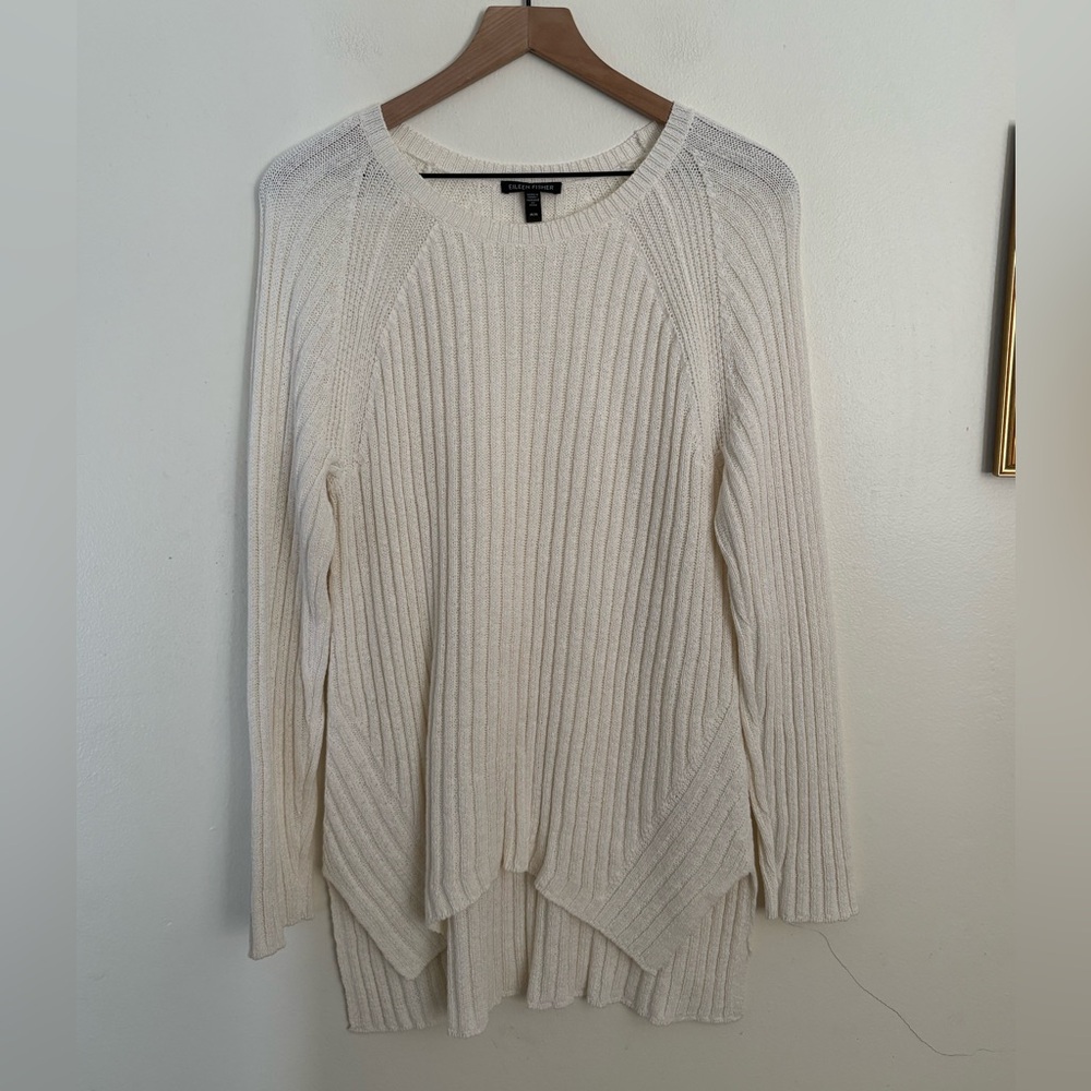 Eileen Fisher Cream Ribbed High-Low Organic Sweater Women’s Medium Chic EUC
